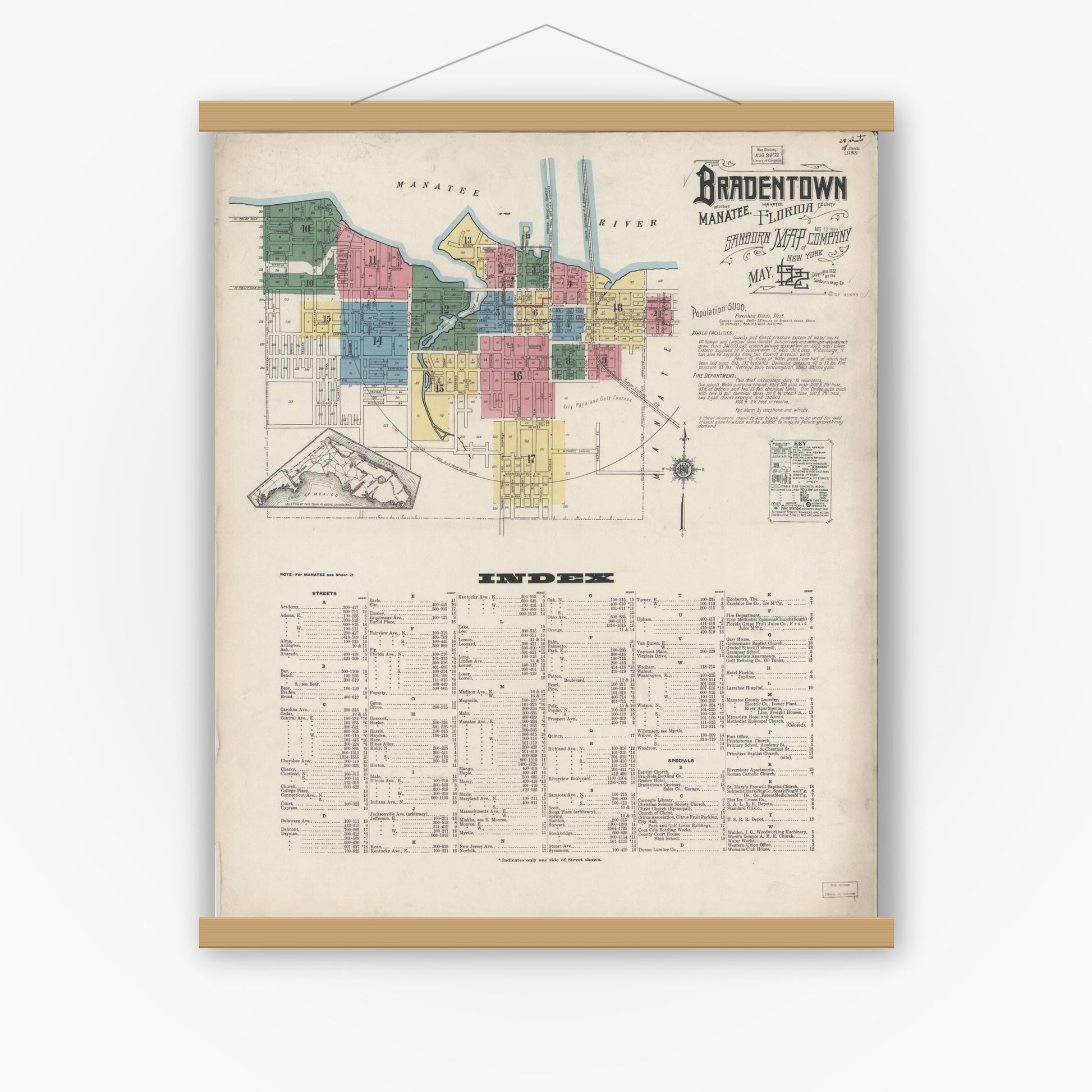 Old map wall art mockup — magnetic wood frame on white wall — Sanborn Fire Insurance Map from Bradentown, Manatee County, Florida (1922), Sheet #0001