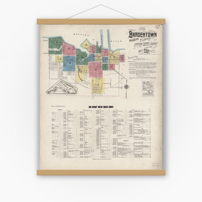 Old map wall art mockup — magnetic wood frame on white wall — Sanborn Fire Insurance Map from Bradentown, Manatee County, Florida (1922), Sheet #0001