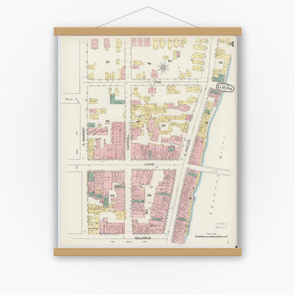 Old map wall art mockup — magnetic wood frame on white wall — Sanborn Fire Insurance Map from Elmira, Chemung County, New York (1887), Sheet #0004