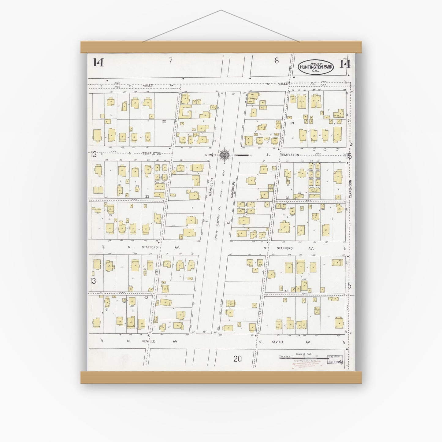 Old map wall art mockup — magnetic wood frame on white wall — Sanborn Fire Insurance Map from Huntington Park, Los Angeles County, California (1924), Sheet #0014