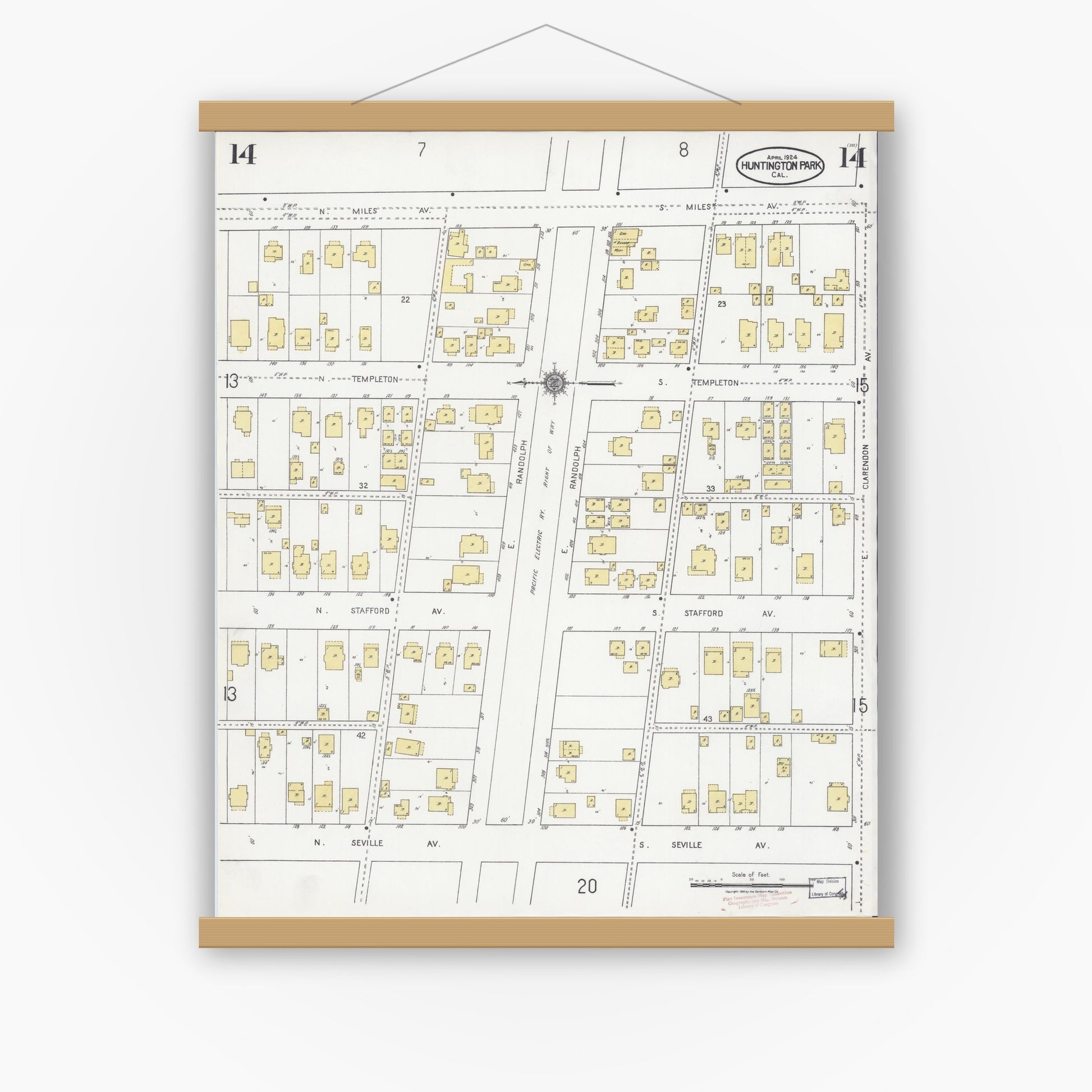 Old map wall art mockup — magnetic wood frame on white wall — Sanborn Fire Insurance Map from Huntington Park, Los Angeles County, California (1924), Sheet #0014