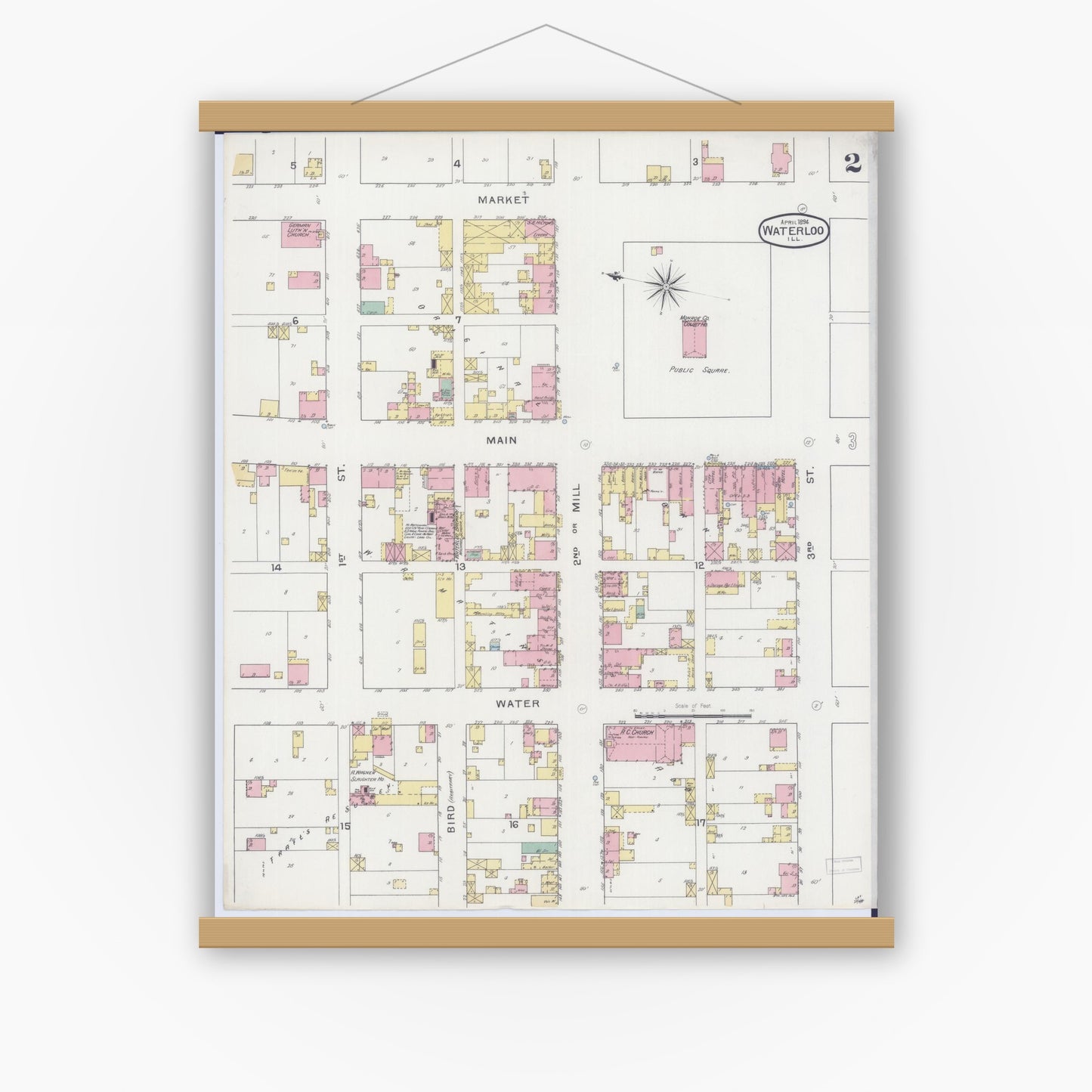 Old map wall art mockup — magnetic wood frame on white wall — Sanborn Fire Insurance Map from Waterloo, Monroe County, Illinois (1898), Sheet #0002