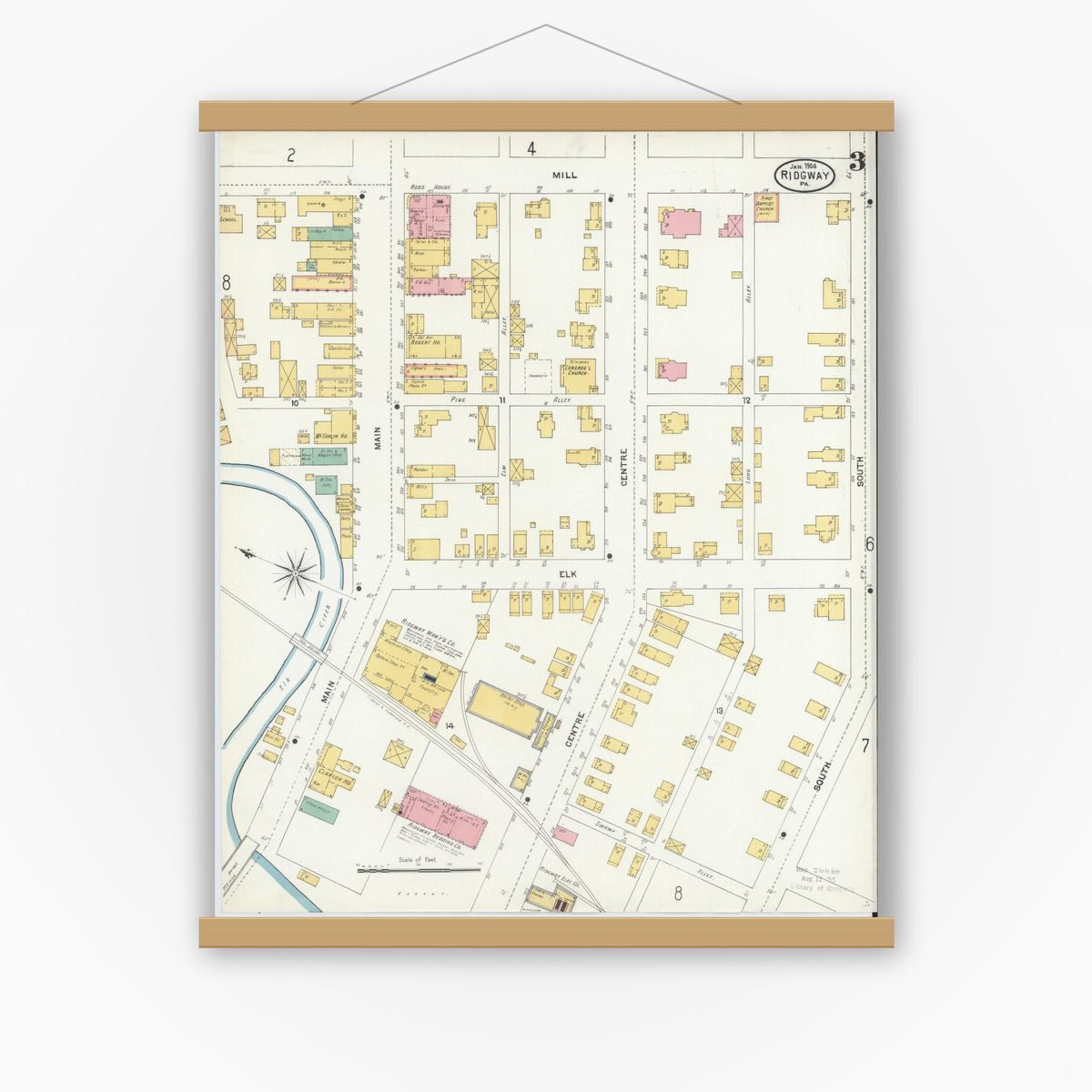 Old map wall art mockup — magnetic wood frame on white wall — Sanborn Fire Insurance Map from Ridgway, Elk County, Pennsylvania (1904), Sheet #0003