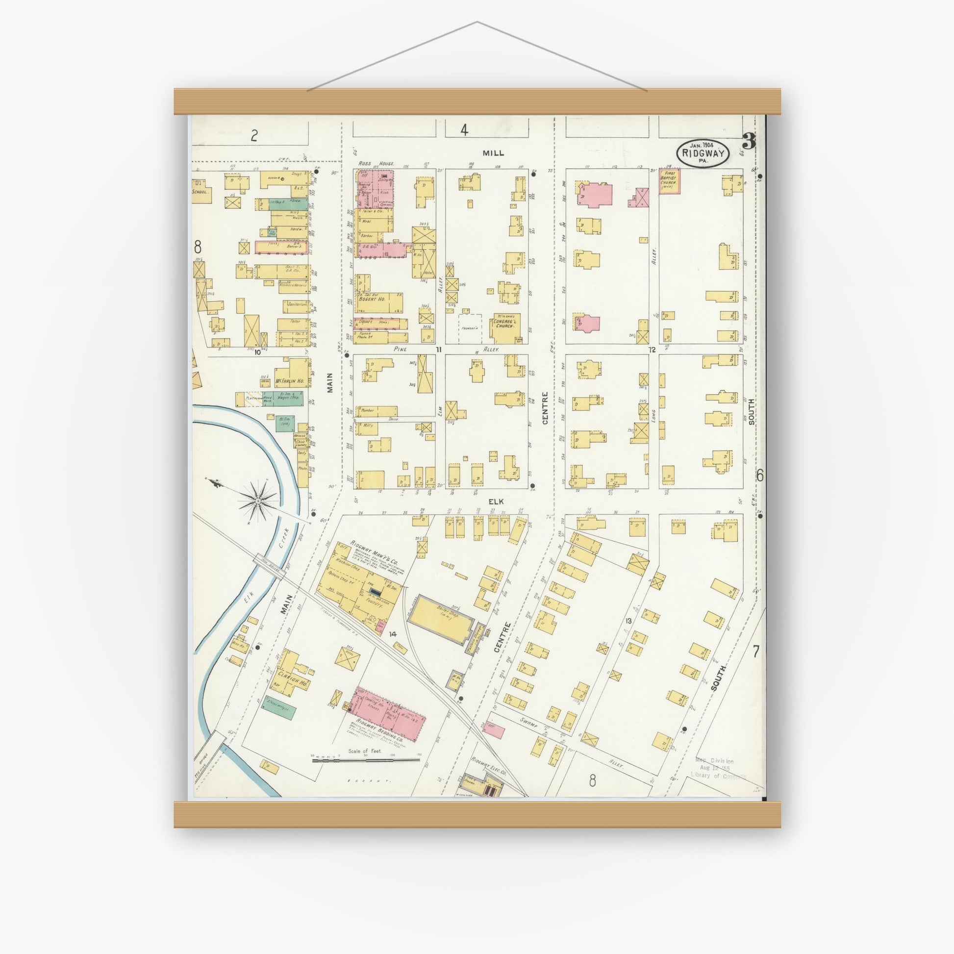 Old map wall art mockup — magnetic wood frame on white wall — Sanborn Fire Insurance Map from Ridgway, Elk County, Pennsylvania (1904), Sheet #0003