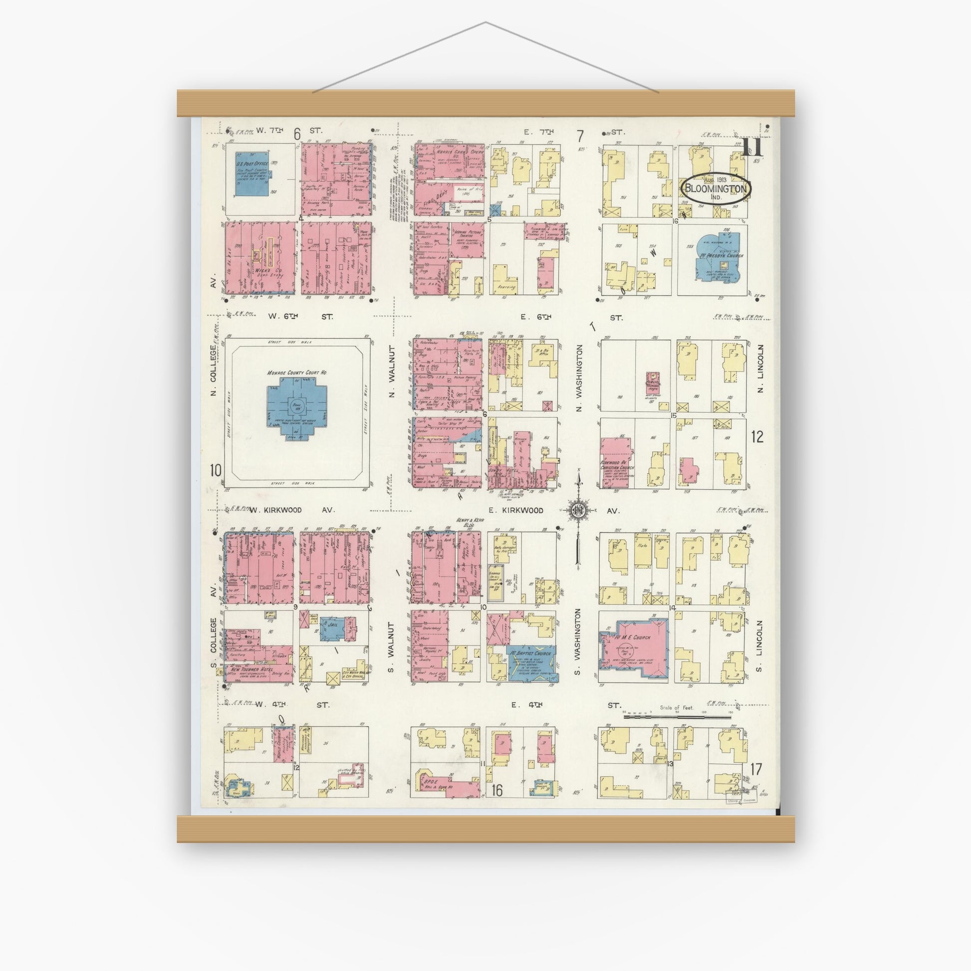 Old map wall art mockup — magnetic wood frame on white wall — Sanborn Fire Insurance Map from Bloomington, Monroe County, Indiana (1913), Sheet #0011