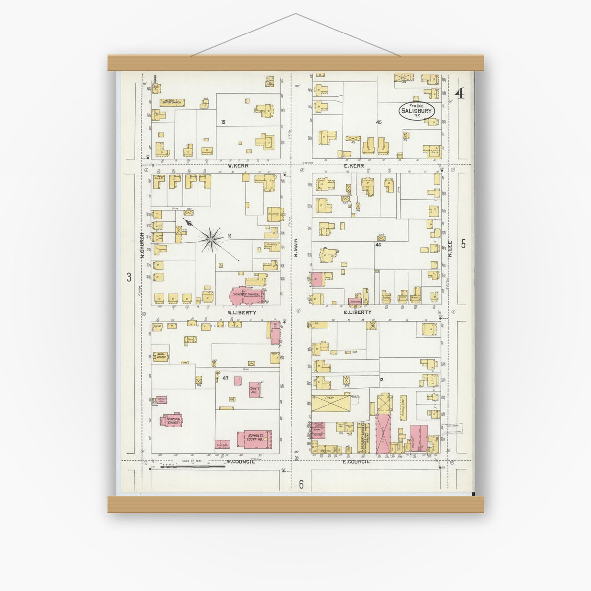 Old map wall art mockup — magnetic wood frame on white wall — Sanborn Fire Insurance Map from Salisbury, Rowan County, North Carolina (1902), Sheet #0004