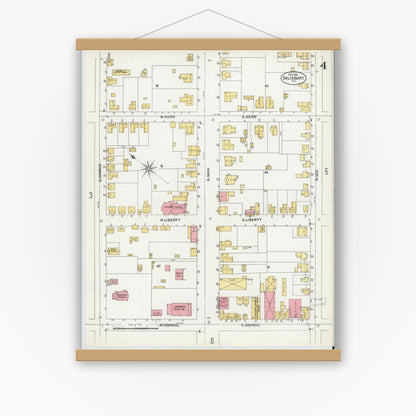 Old map wall art mockup — magnetic wood frame on white wall — Sanborn Fire Insurance Map from Salisbury, Rowan County, North Carolina (1902), Sheet #0004