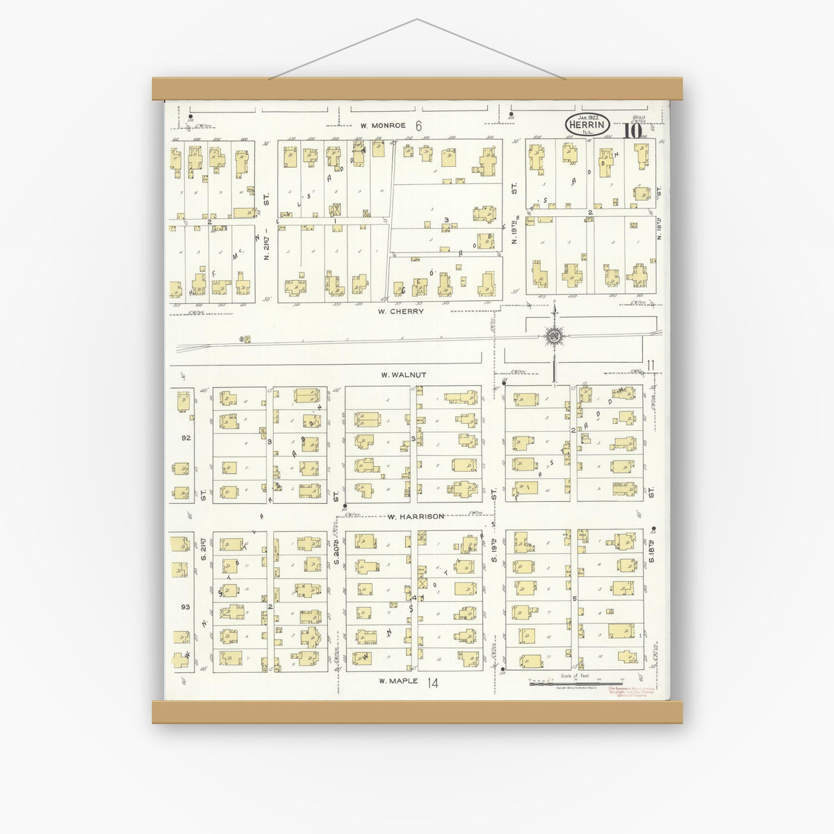 Old map wall art mockup — magnetic wood frame on white wall — Sanborn Fire Insurance Map from Herrin, Williamson County, Illinois (1922), Sheet #0010
