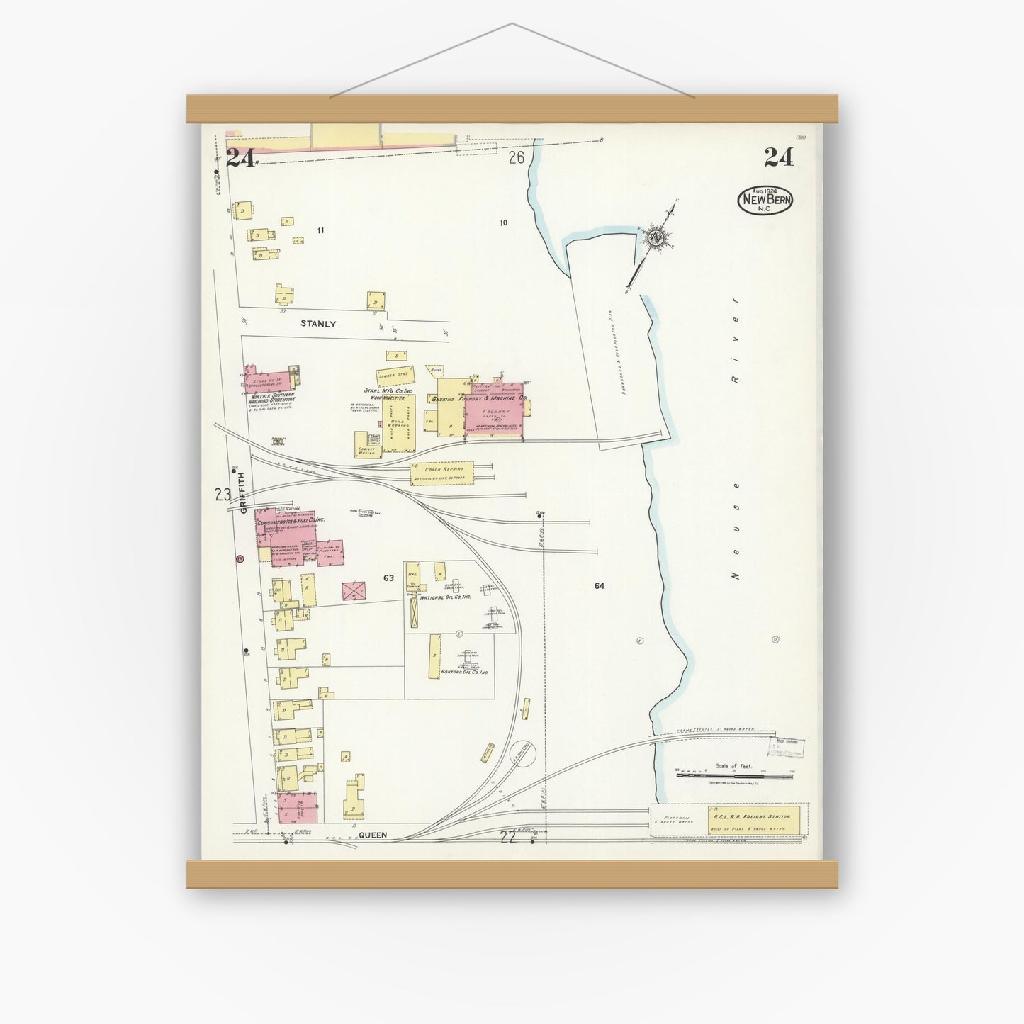 Old map wall art mockup — magnetic wood frame on white wall — Sanborn Fire Insurance Map from New Bern, Craven County, North Carolina (1924), Sheet #0024