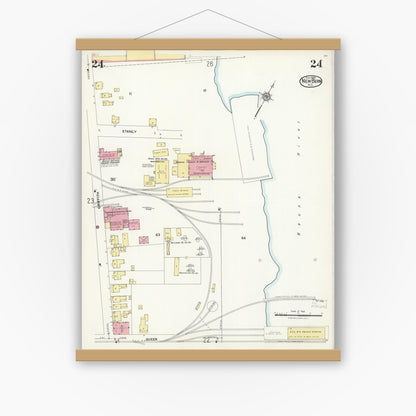 Old map wall art mockup — magnetic wood frame on white wall — Sanborn Fire Insurance Map from New Bern, Craven County, North Carolina (1924), Sheet #0024