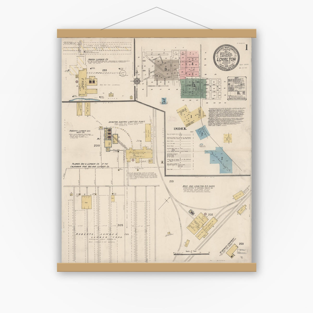 Old map wall art mockup — magnetic wood frame on white wall — Sanborn Fire Insurance Map from Loyalton, Sierra County, California (1912) - Complete Map Set
