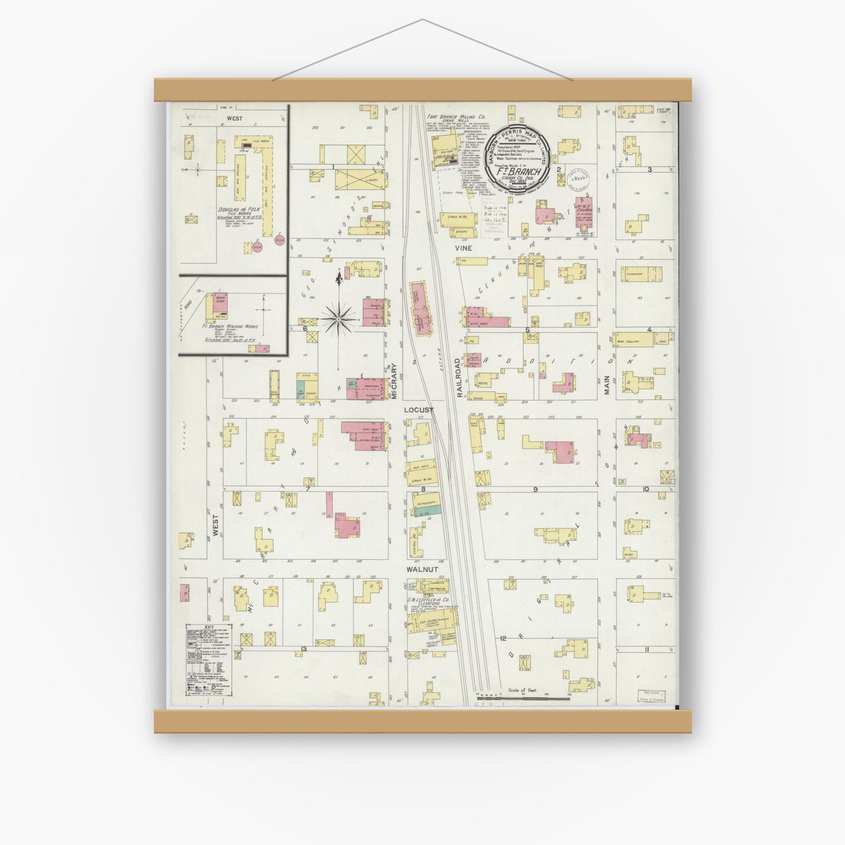 Old map wall art mockup — magnetic wood frame on white wall — Sanborn Fire Insurance Map from Fort Branch, Gibson County, Indiana (1900), Sheet #0001