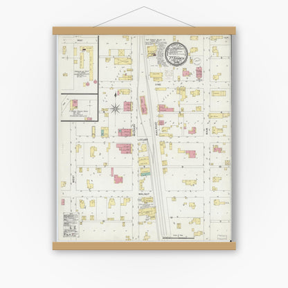 Old map wall art mockup — magnetic wood frame on white wall — Sanborn Fire Insurance Map from Fort Branch, Gibson County, Indiana (1900), Sheet #0001