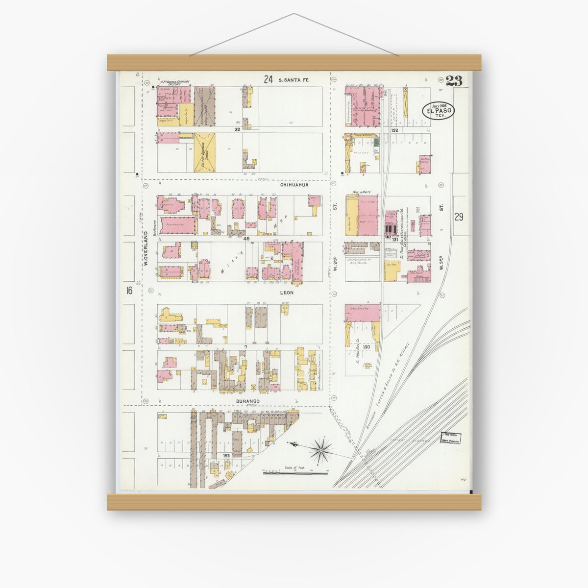 Old map wall art mockup — magnetic wood frame on white wall — Sanborn Fire Insurance Map from El Paso, El Paso County, Texas (1905), Sheet #0023