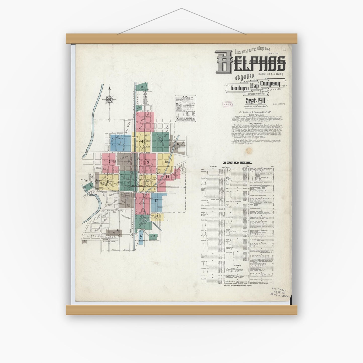 Old map wall art mockup — magnetic wood frame on white wall — Sanborn Fire Insurance Map from Delphos, Van Wert And Allen Counties, Ohio (1911), Sheet #0001