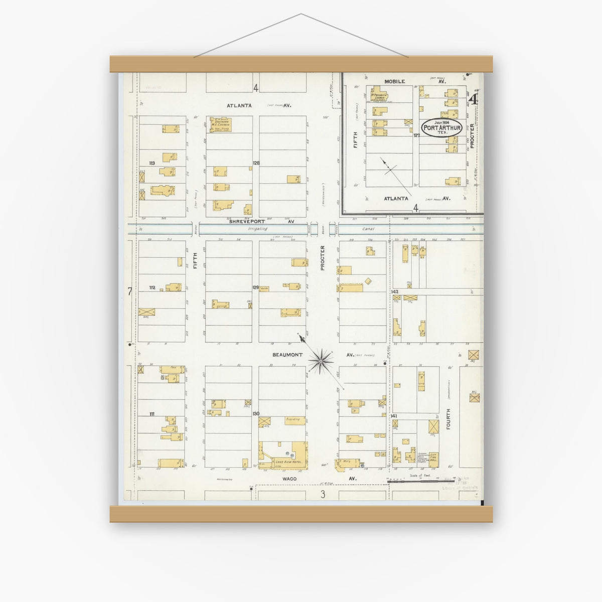 Old map wall art mockup — magnetic wood frame on white wall — Sanborn Fire Insurance Map from Port Arthur, Jefferson County, Texas (1904), Sheet #0004