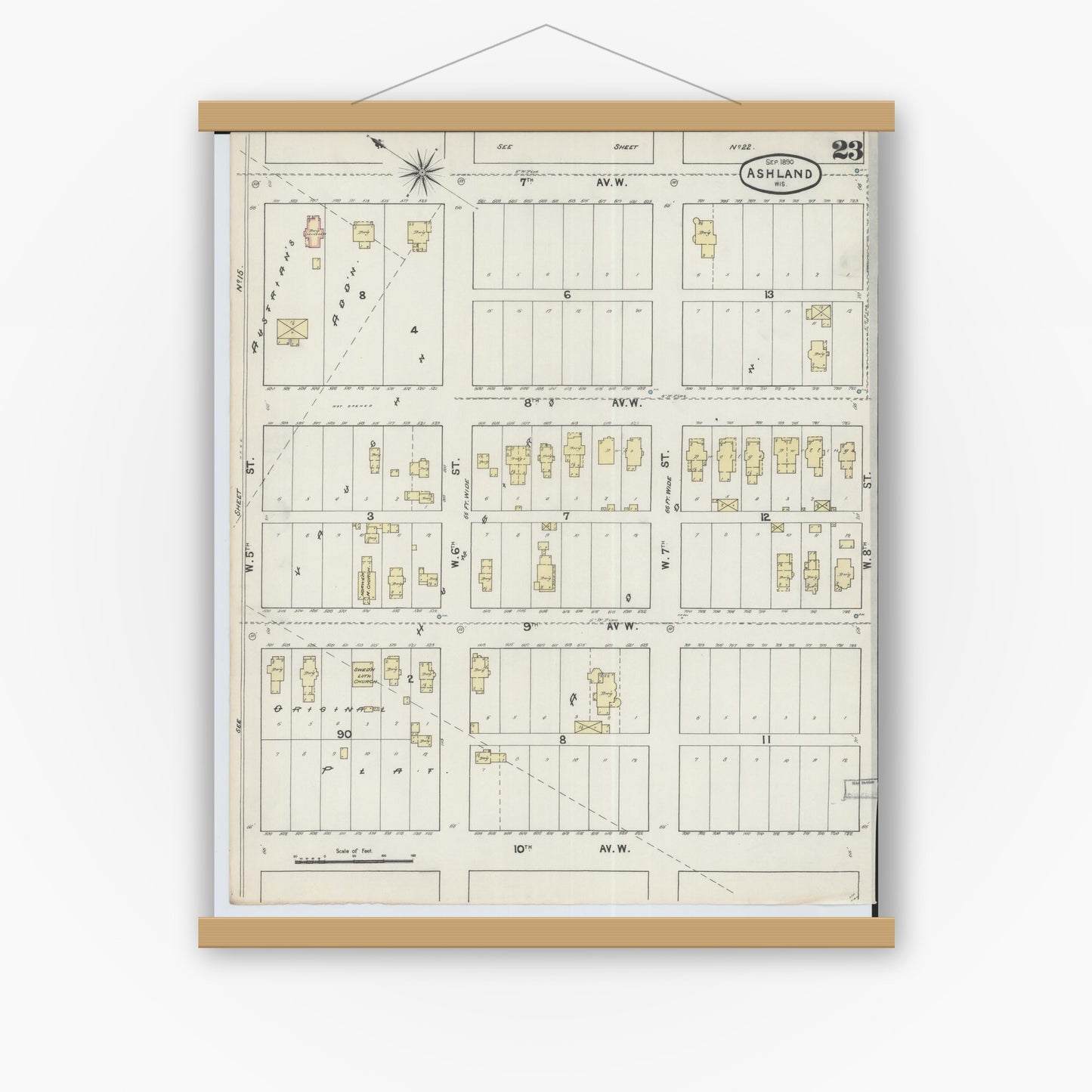 Old map wall art mockup — magnetic wood frame on white wall — Sanborn Fire Insurance Map from Ashland, Ashland County, Wisconsin (1890), Sheet #0023