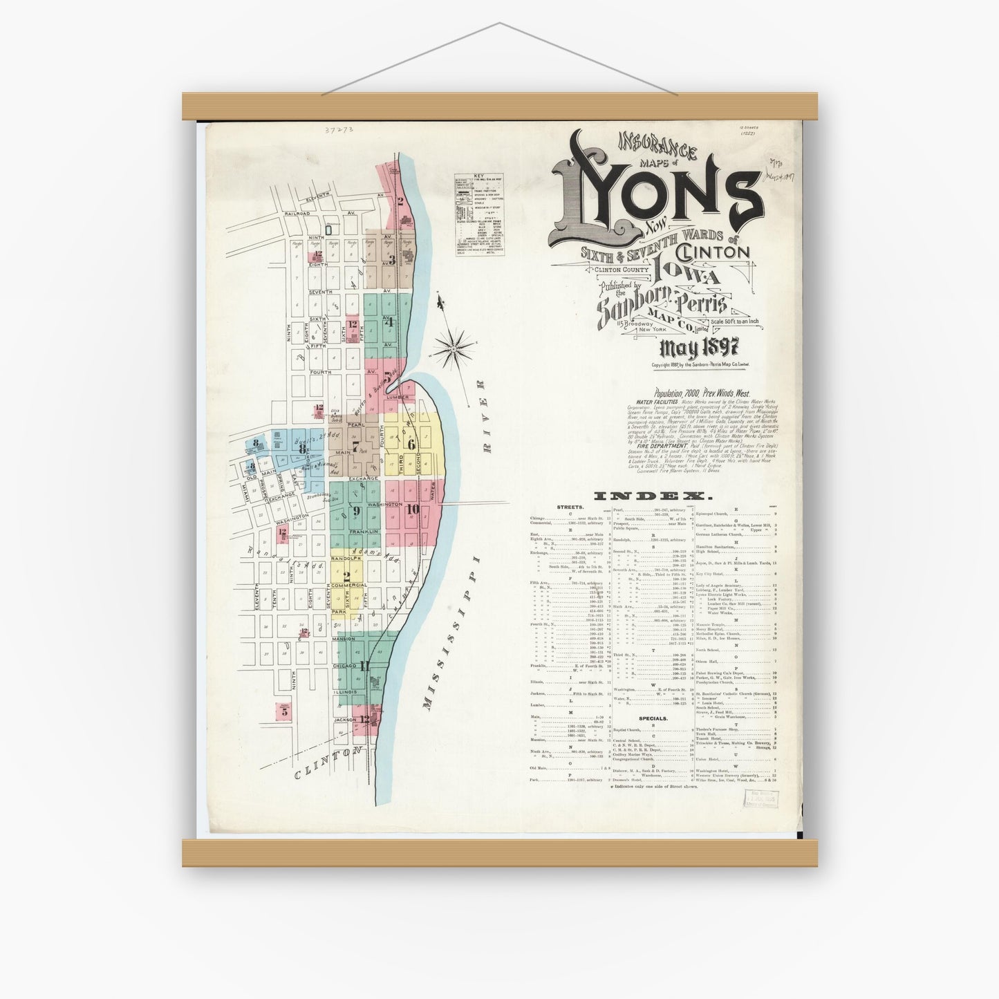 Old map wall art mockup — magnetic wood frame on white wall — Sanborn Fire Insurance Map from Lyons, Clinton County, Iowa (1897) â€” Complete Set
