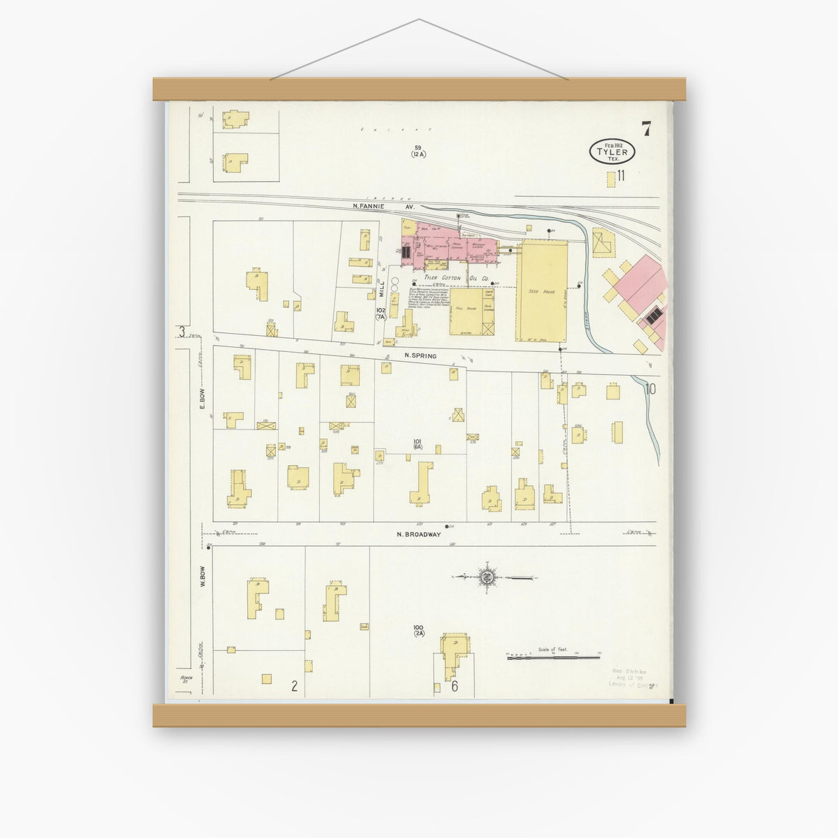 Old map wall art mockup — magnetic wood frame on white wall — Sanborn Fire Insurance Map from Tyler, Smith County, Texas (1912), Sheet #0007