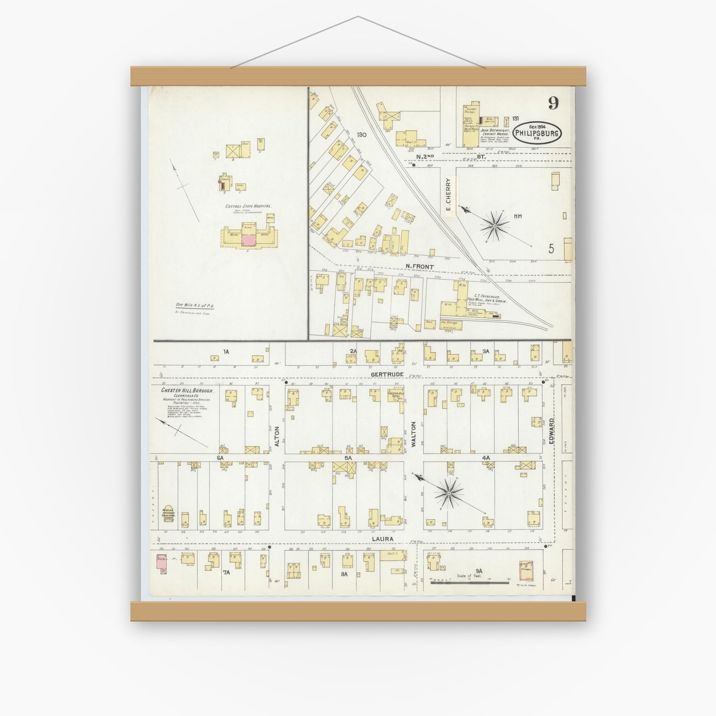 Old map wall art mockup — magnetic wood frame on white wall — Sanborn Fire Insurance Map from Philipsburg, Centre County, Pennsylvania (1904), Sheet #0009