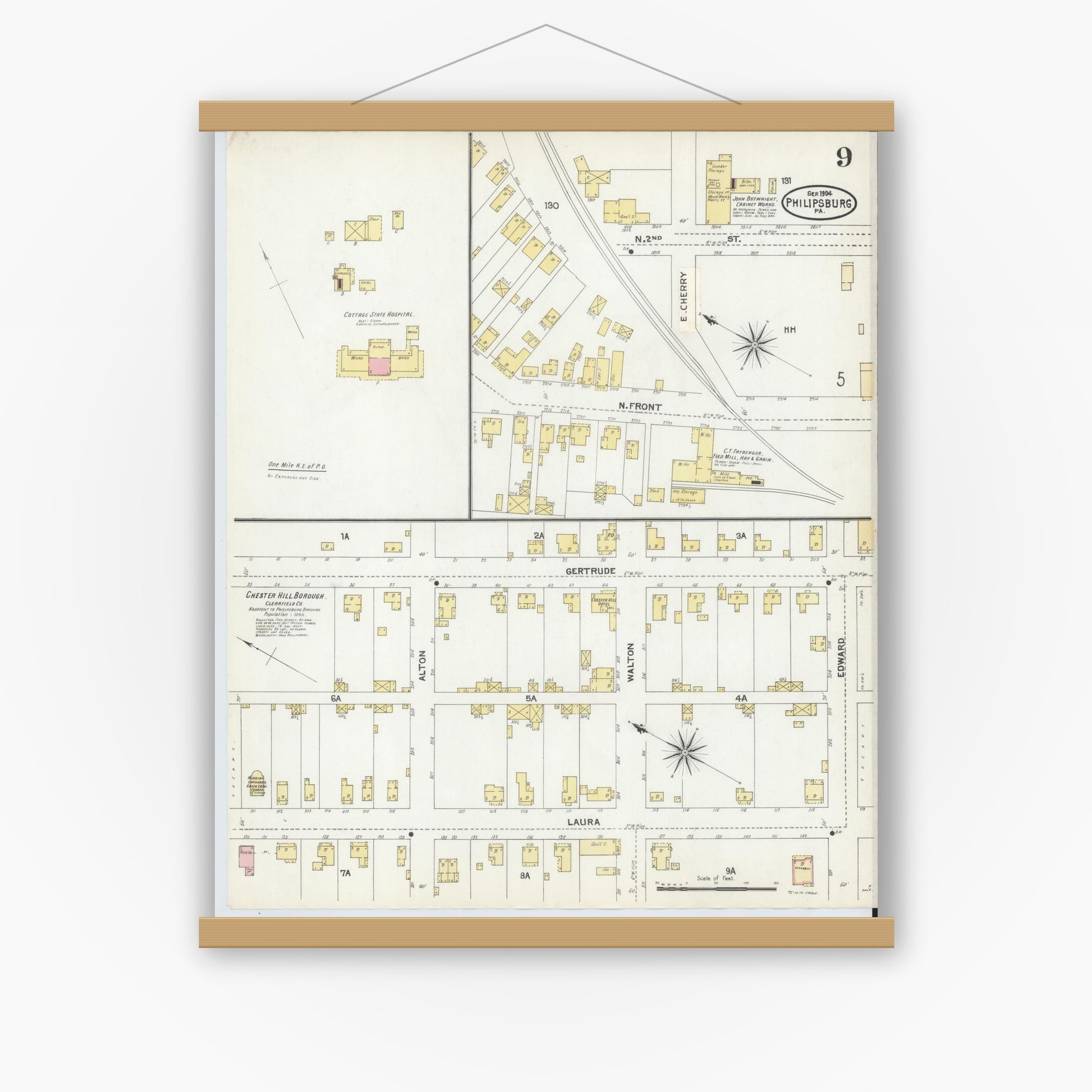 Old map wall art mockup — magnetic wood frame on white wall — Sanborn Fire Insurance Map from Philipsburg, Centre County, Pennsylvania (1904), Sheet #0009
