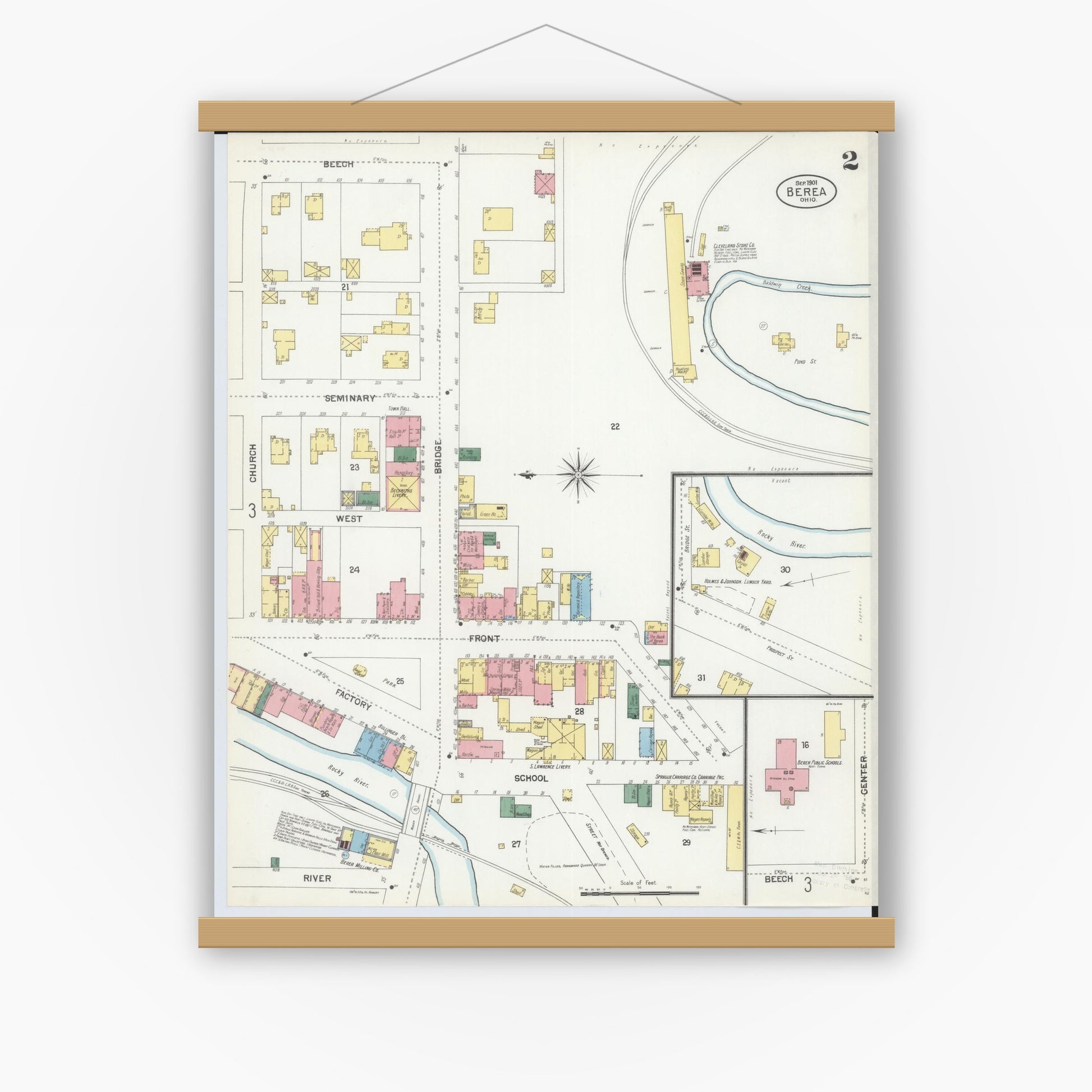 Old map wall art mockup — magnetic wood frame on white wall — Sanborn Fire Insurance Map from Berea, Cuyahoga County, Ohio (1901), Sheet #0002