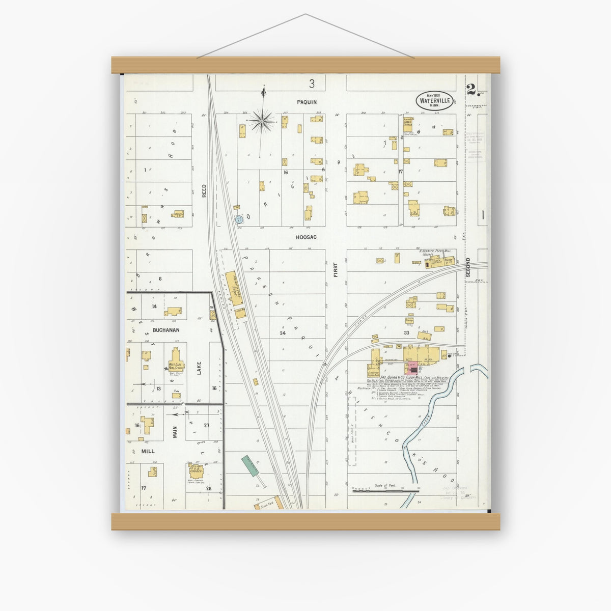 Old map wall art mockup — magnetic wood frame on white wall — Sanborn Fire Insurance Map from Waterville, Le Sueur County, Minnesota (1900), Sheet #0002
