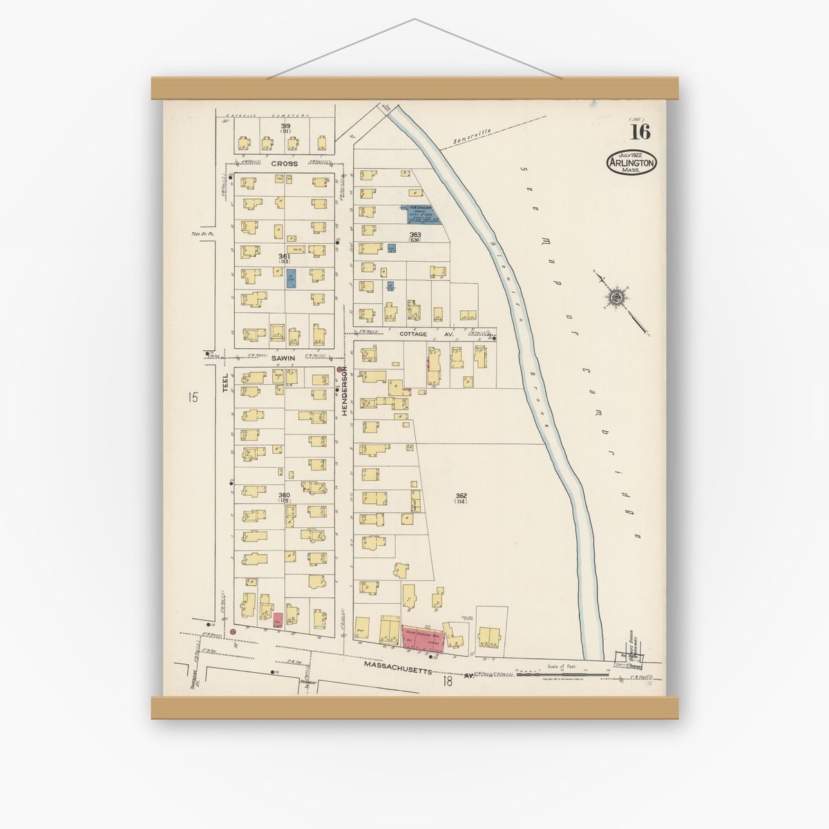 Old map wall art mockup — magnetic wood frame on white wall — Sanborn Fire Insurance Map from Arlington, Middlesex County, Massachusetts (1922), Sheet #0016