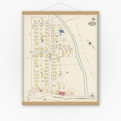 Old map wall art mockup — magnetic wood frame on white wall — Sanborn Fire Insurance Map from Arlington, Middlesex County, Massachusetts (1922), Sheet #0016