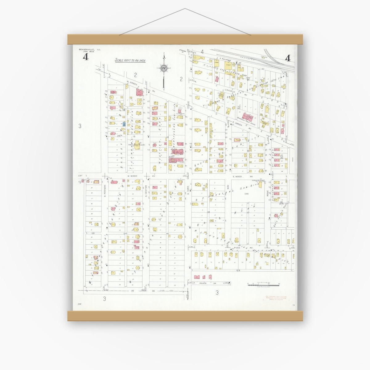 Old map wall art mockup — magnetic wood frame on white wall — Sanborn Fire Insurance Map from Bensenville, Dupage County, Illinois (1933), Sheet #0004