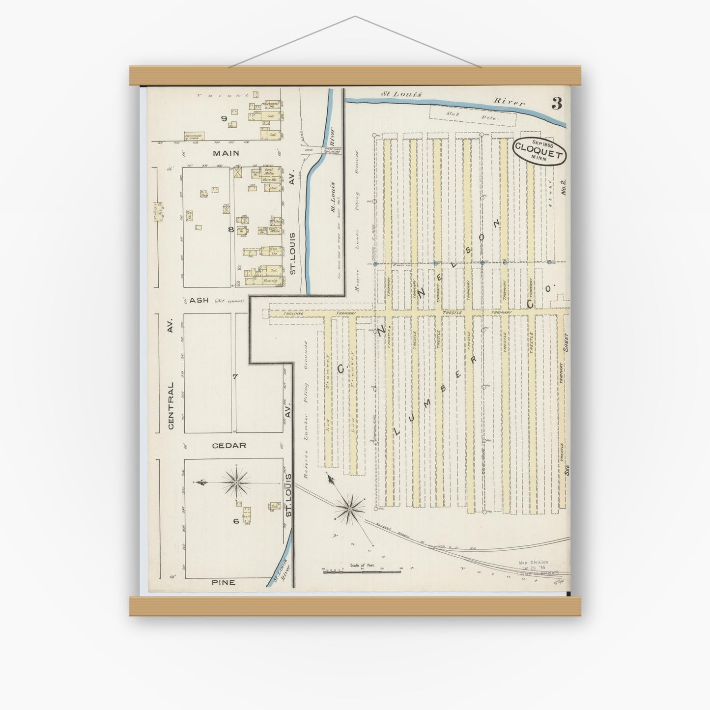 Old map wall art mockup — magnetic wood frame on white wall — Sanborn Fire Insurance Map from Cloquet, Carlton County, Minnesota (1885), Sheet #0003