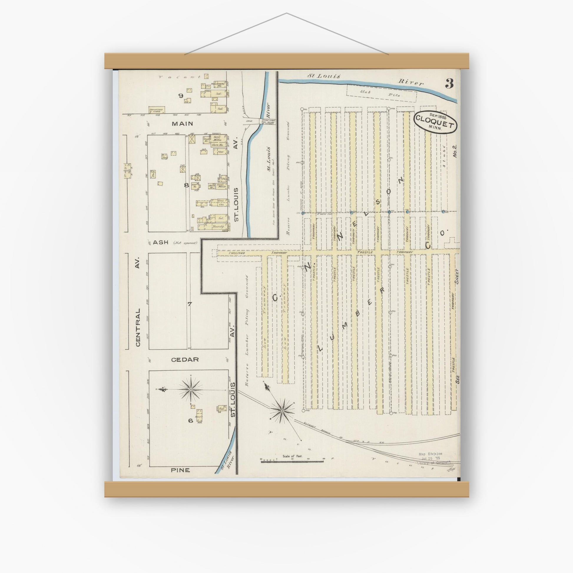 Old map wall art mockup — magnetic wood frame on white wall — Sanborn Fire Insurance Map from Cloquet, Carlton County, Minnesota (1885), Sheet #0003