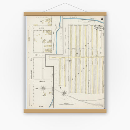 Old map wall art mockup — magnetic wood frame on white wall — Sanborn Fire Insurance Map from Cloquet, Carlton County, Minnesota (1885), Sheet #0003