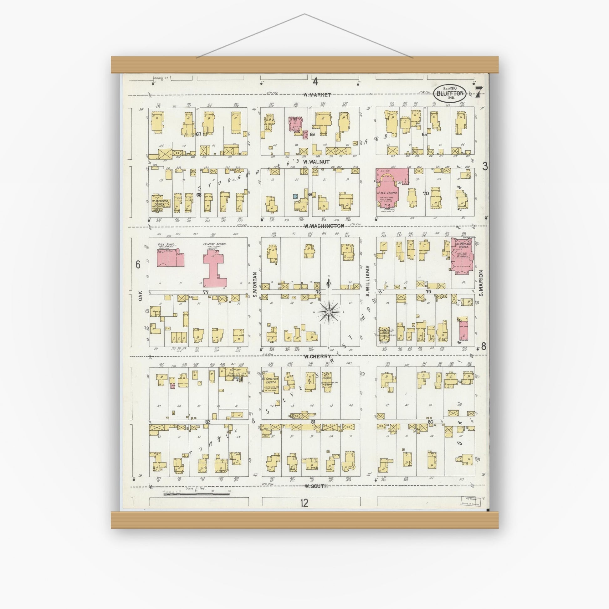 Old map wall art mockup — magnetic wood frame on white wall — Sanborn Fire Insurance Map from Bluffton, Wells County, Indiana (1900), Sheet #0007