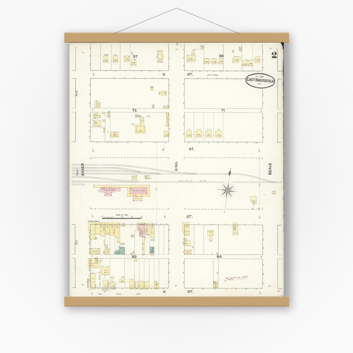 Old map wall art mockup — magnetic wood frame on white wall — Sanborn Fire Insurance Map from East Bakersfield, Kern County, California (1890), Sheet #0002