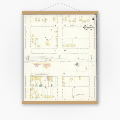 Old map wall art mockup — magnetic wood frame on white wall — Sanborn Fire Insurance Map from East Bakersfield, Kern County, California (1890), Sheet #0002