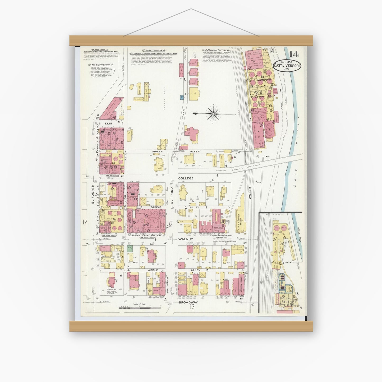 Old map wall art mockup — magnetic wood frame on white wall — Sanborn Fire Insurance Map from East Liverpool, Columbiana County, Ohio (1908), Sheet #0014