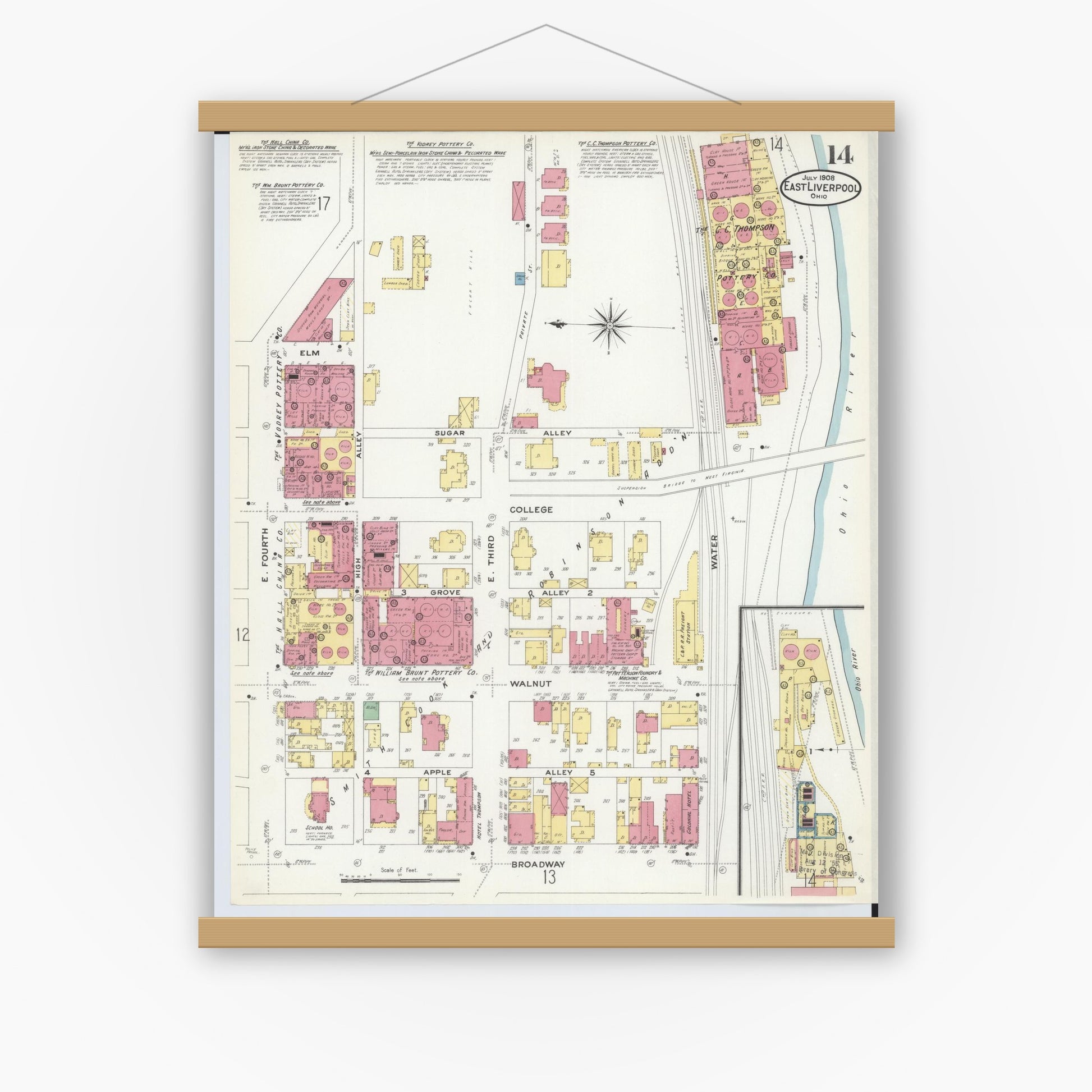 Old map wall art mockup — magnetic wood frame on white wall — Sanborn Fire Insurance Map from East Liverpool, Columbiana County, Ohio (1908), Sheet #0014
