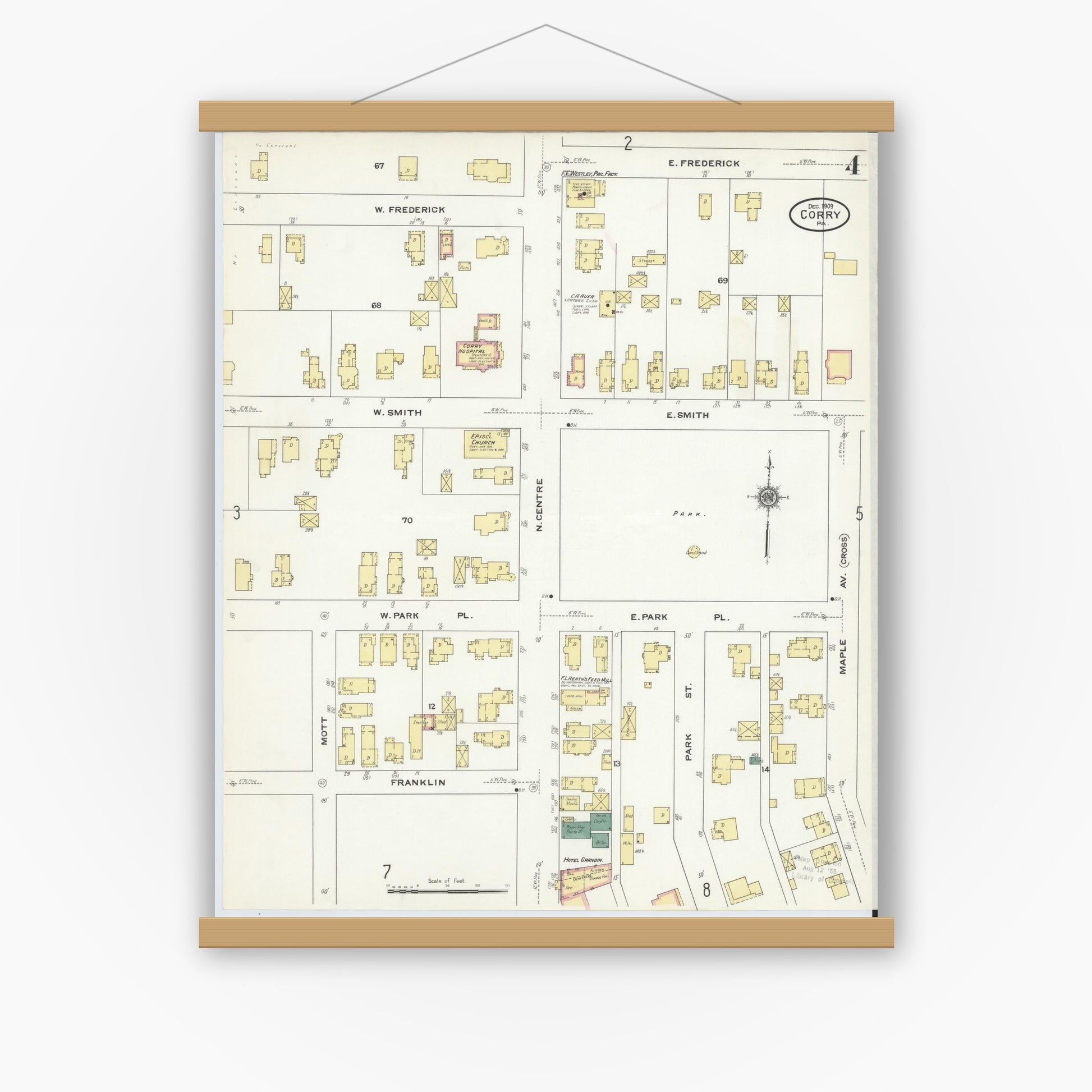 Old map wall art mockup — magnetic wood frame on white wall — Sanborn Fire Insurance Map from Corry, Erie County, Pennsylvania (1909), Sheet #0004