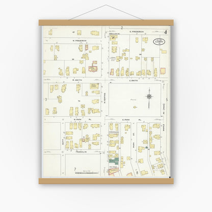 Old map wall art mockup — magnetic wood frame on white wall — Sanborn Fire Insurance Map from Corry, Erie County, Pennsylvania (1909), Sheet #0004