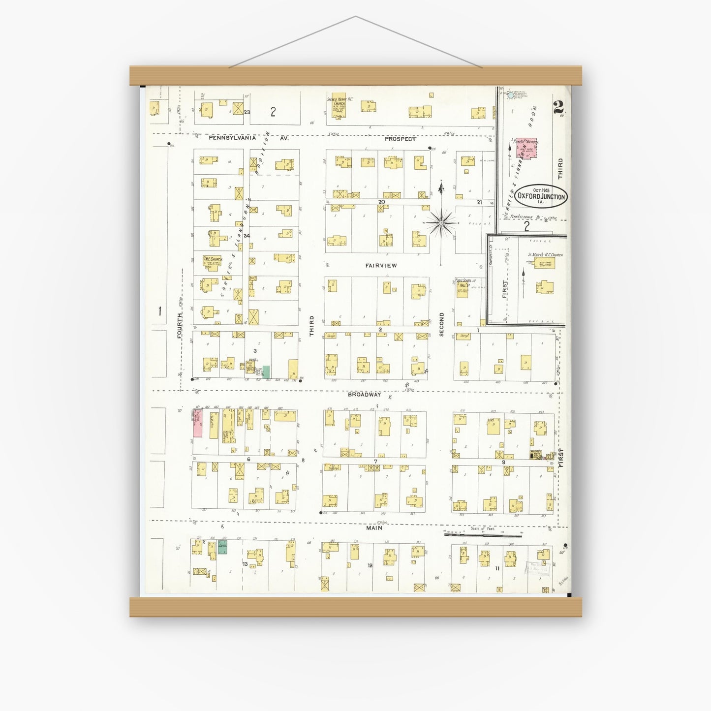 Old map wall art mockup — magnetic wood frame on white wall — Sanborn Fire Insurance Map from Oxford Junction, Jones County, Iowa (1905), Sheet #0002
