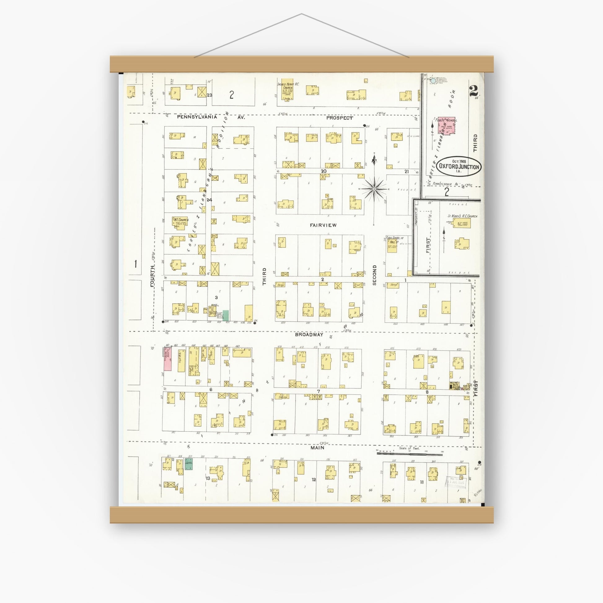 Old map wall art mockup — magnetic wood frame on white wall — Sanborn Fire Insurance Map from Oxford Junction, Jones County, Iowa (1905), Sheet #0002