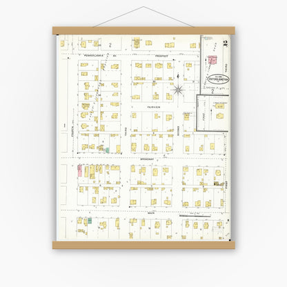 Old map wall art mockup — magnetic wood frame on white wall — Sanborn Fire Insurance Map from Oxford Junction, Jones County, Iowa (1905), Sheet #0002