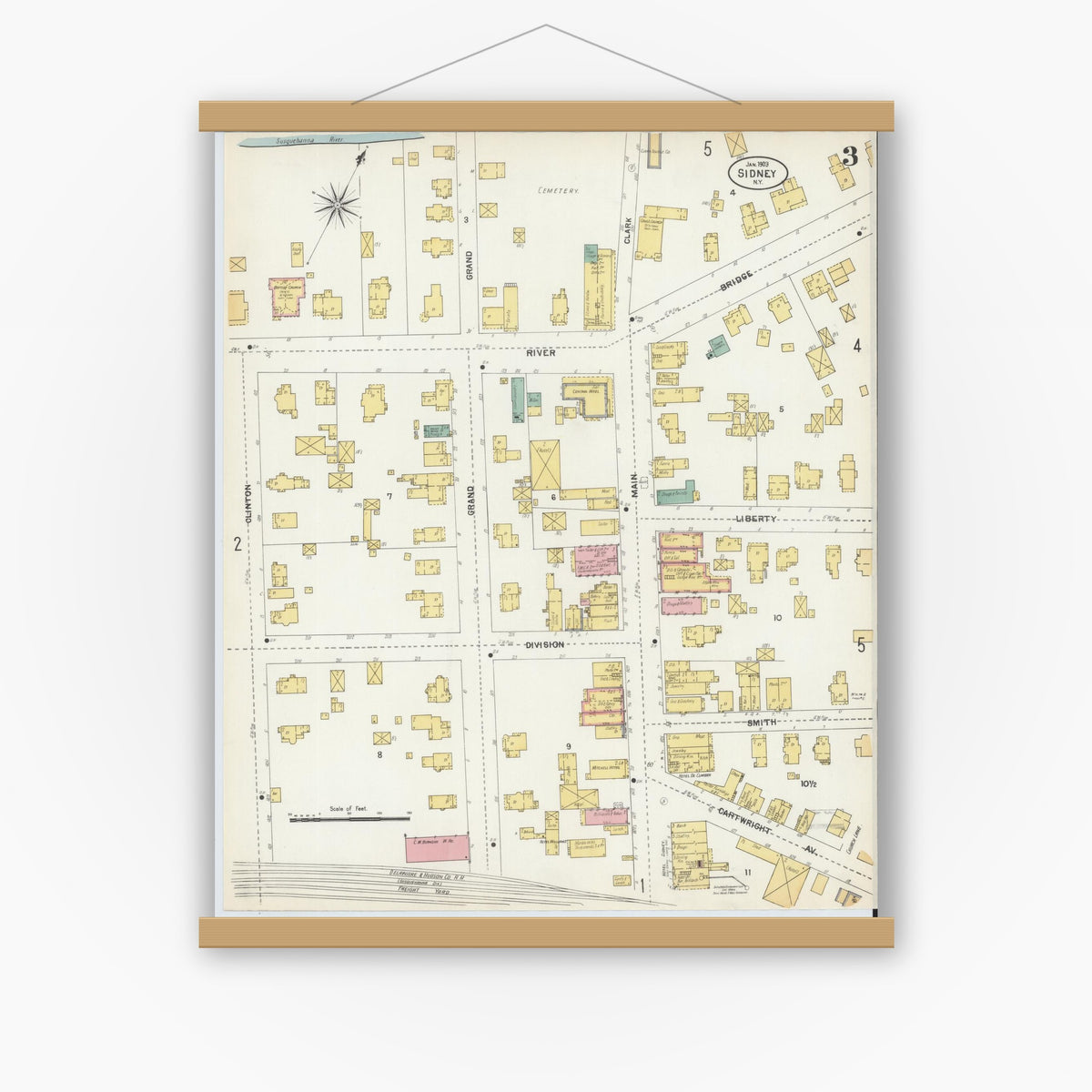 Old map wall art mockup — magnetic wood frame on white wall — Sanborn Fire Insurance Map from Sidney, Delaware County, New York (1903), Sheet #0003