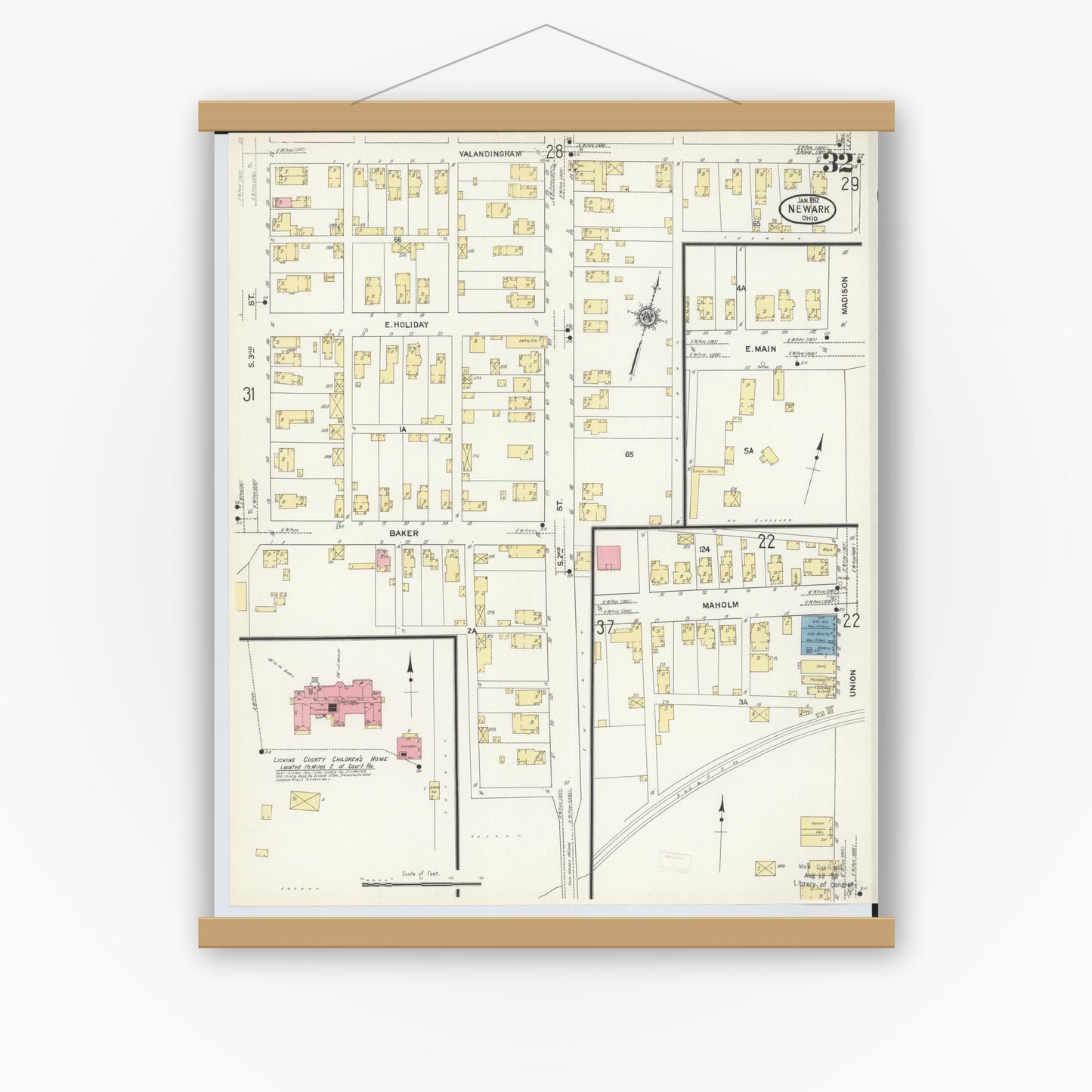 Old map wall art mockup — magnetic wood frame on white wall — Sanborn Fire Insurance Map from Newark, Licking County, Ohio (1912), Sheet #0032