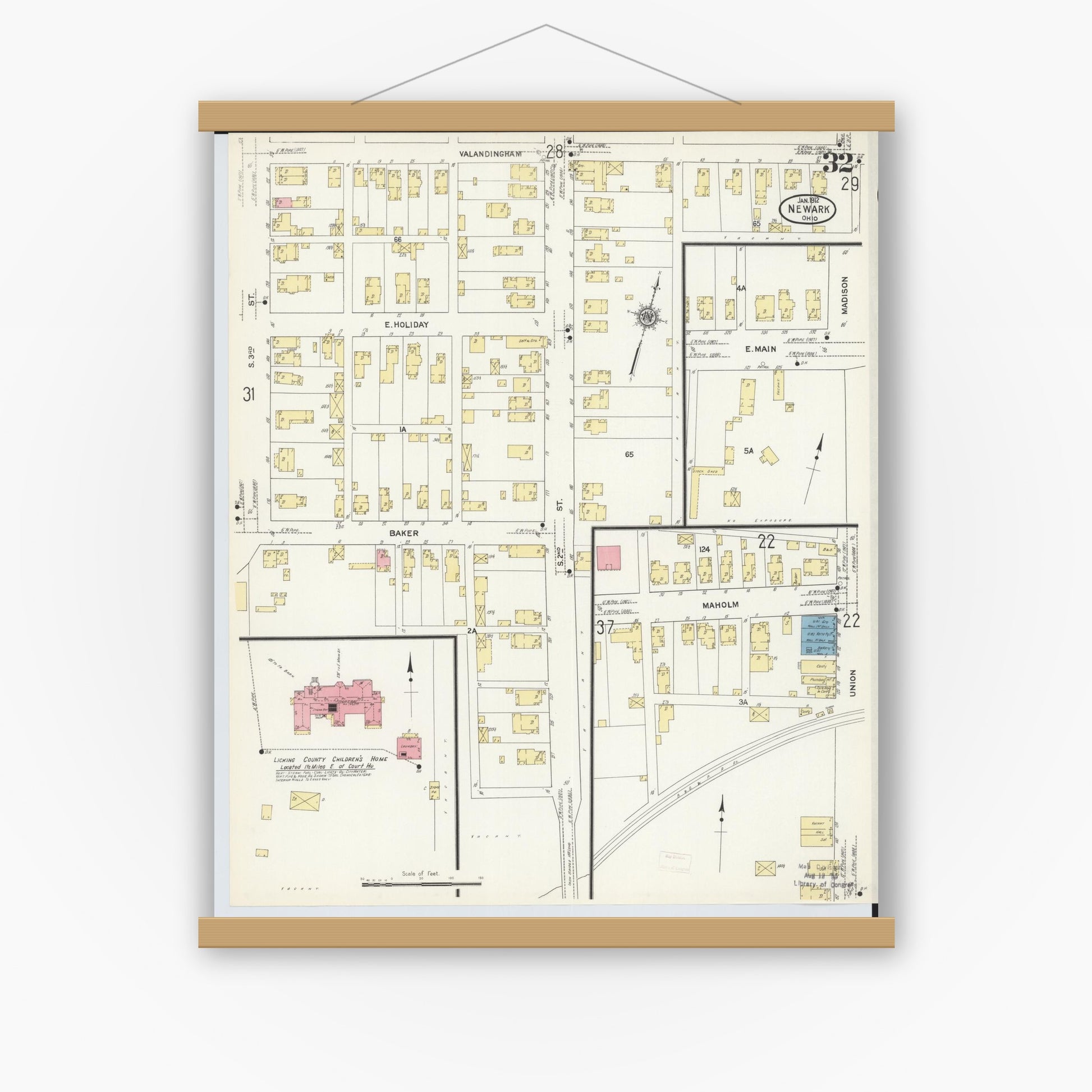 Old map wall art mockup — magnetic wood frame on white wall — Sanborn Fire Insurance Map from Newark, Licking County, Ohio (1912), Sheet #0032