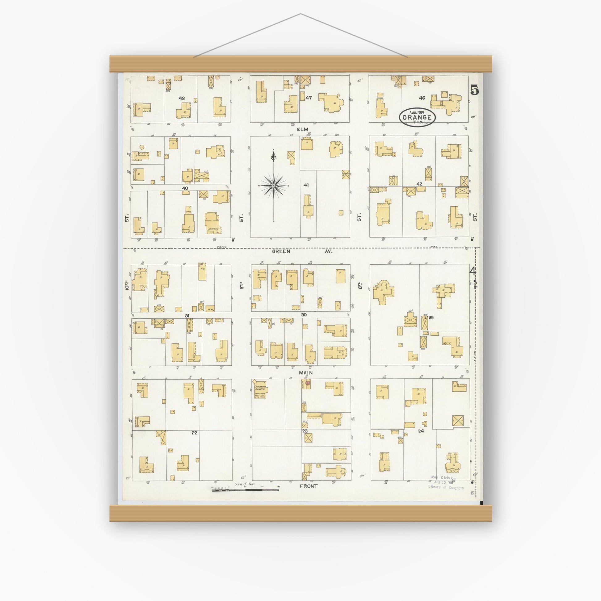 Old map wall art mockup — magnetic wood frame on white wall — Sanborn Fire Insurance Map from Orange, Orange County, Texas (1904), Sheet #0005