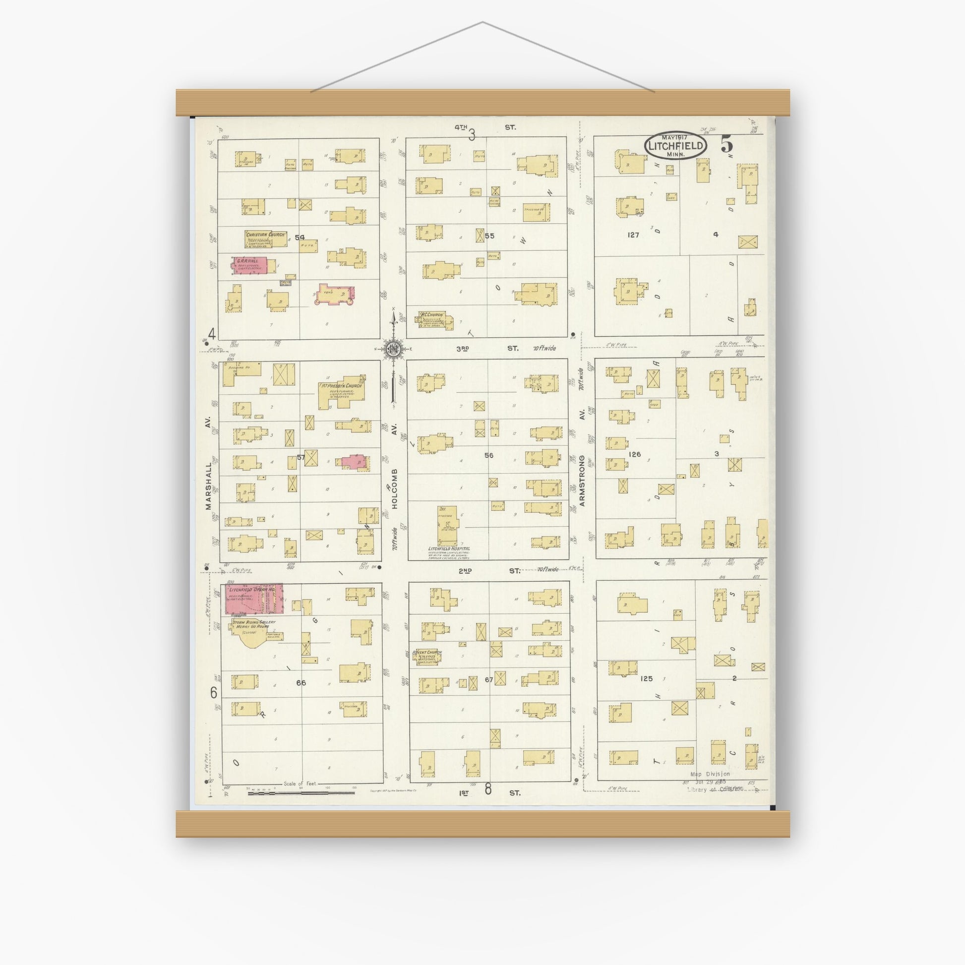 Old map wall art mockup — magnetic wood frame on white wall — Sanborn Fire Insurance Map from Litchfield, Meeker County, Minnesota (1917), Sheet #0005