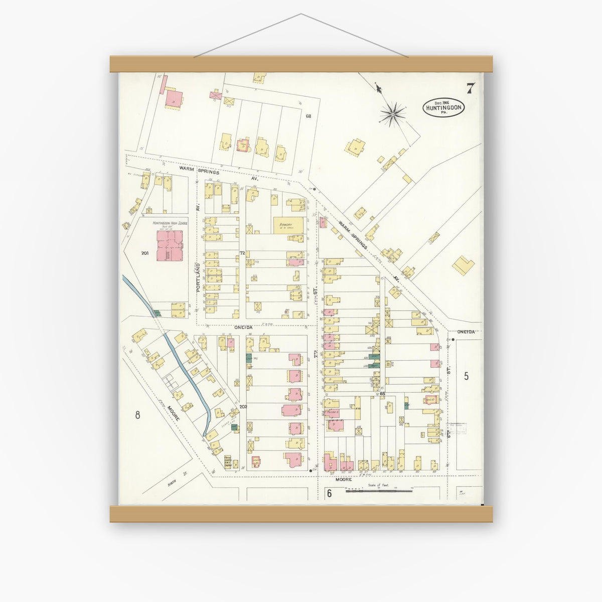 Old map wall art mockup — magnetic wood frame on white wall — Sanborn Fire Insurance Map from Huntingdon, Huntingdon County, Pennsylvania (1906), Sheet #0007