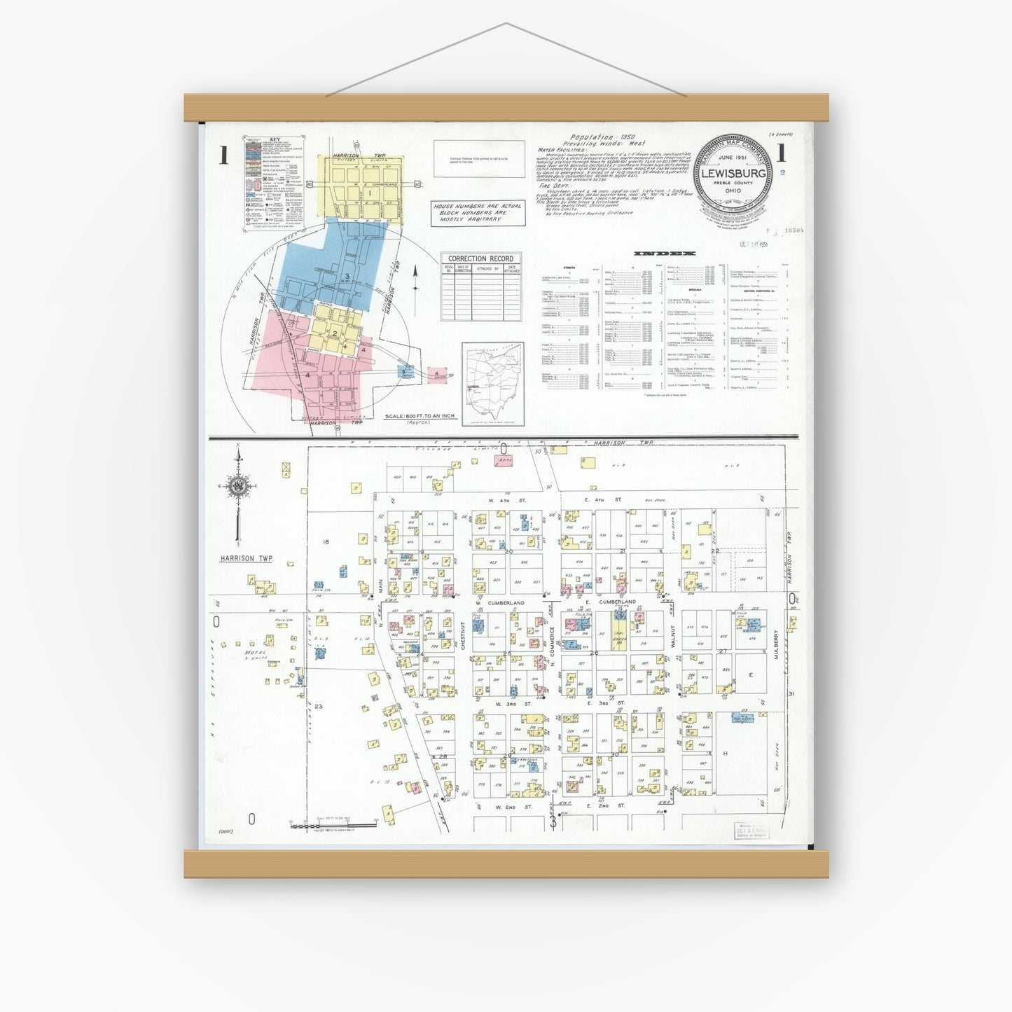 Old map wall art mockup — magnetic wood frame on white wall — Sanborn Fire Insurance Map from Lewisburg, Preble County, Ohio (1951) - Complete Map Set